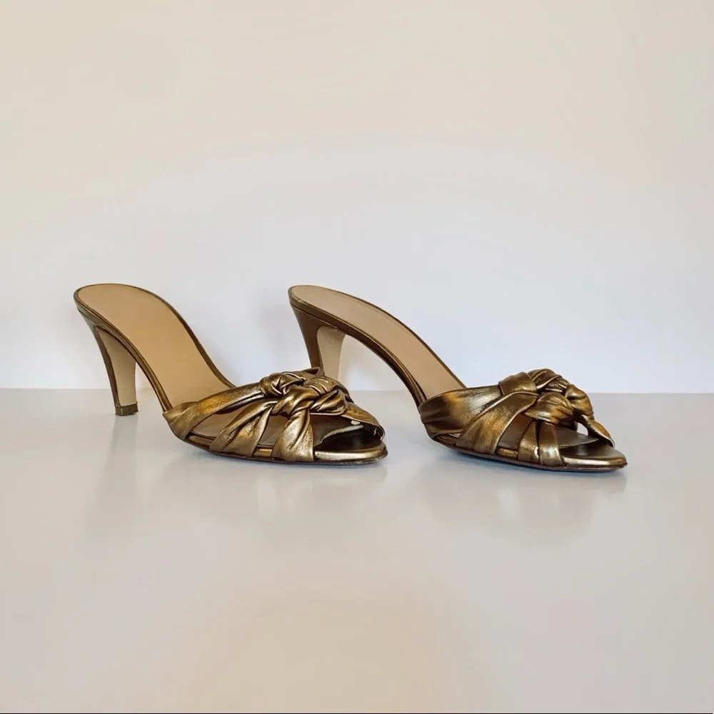 Salvatore Ferragamo Metallic Gold Knot Mule Heels
